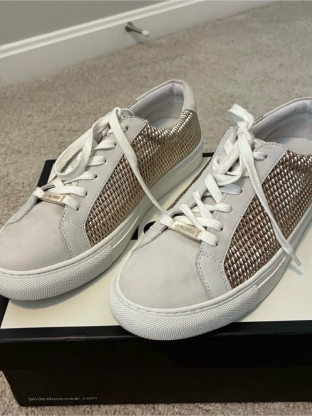J Slides Gold Metallic White Leather Fashion Sneaker